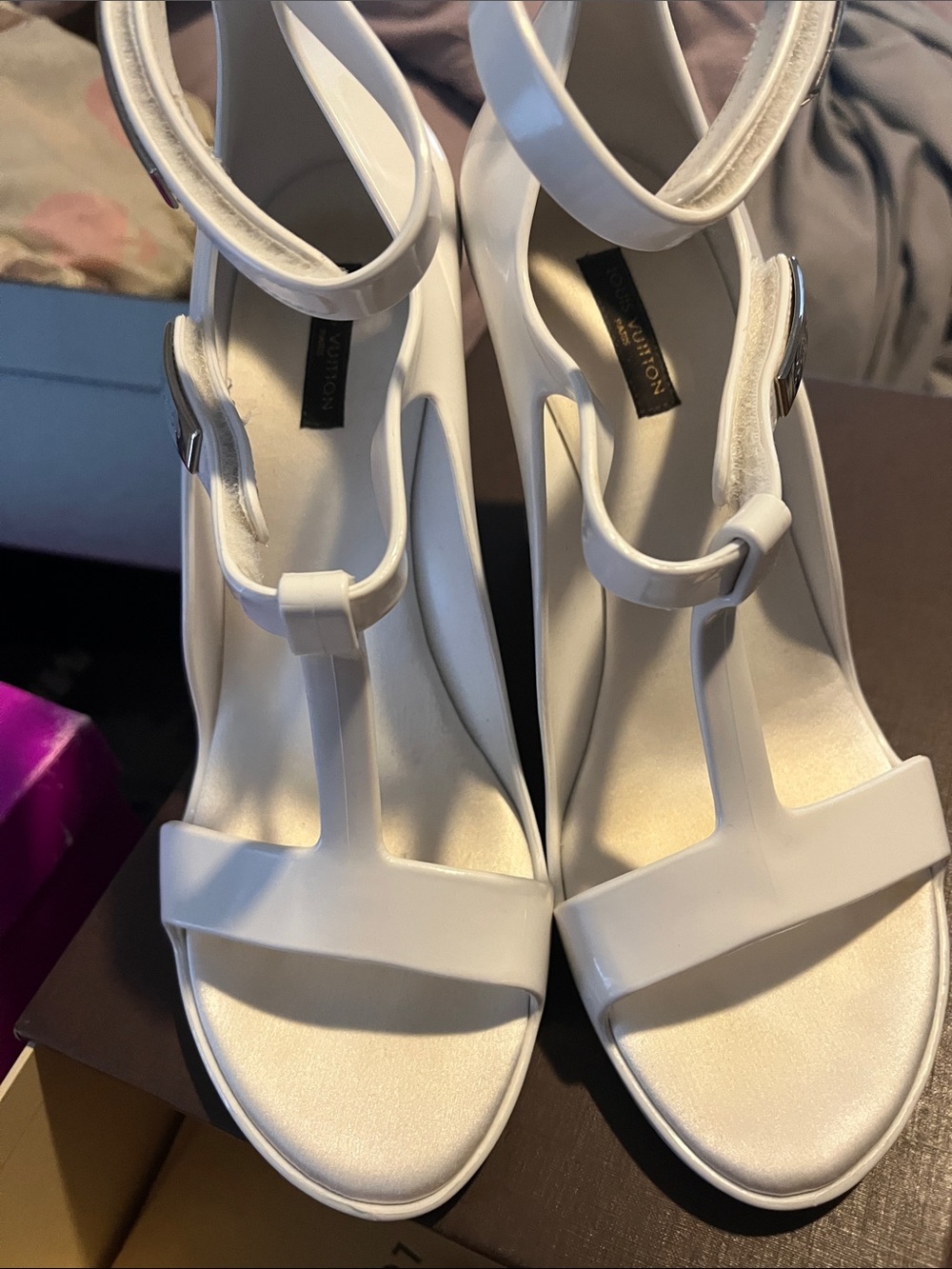 Louis Vuitton White T-Strap Platform Heeled Sandals